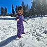 Angelica is registered to the contest to win money with this photo: child, snow, winter_clothing, snowsuit, gloves, outdoor, pine_trees, sunlight, blue_sky, smiling, happy, play, nature, people, daytime, snowy_ground, forest, recreation, cold_weather, fun