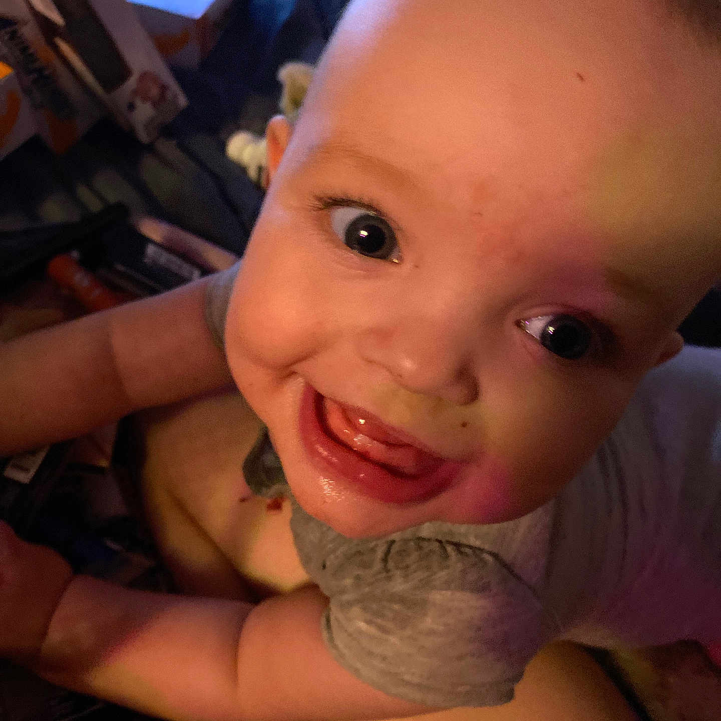 Karleigh joined the competition — help win amazing prizes! baby, babylaughing, bodypart, box, couch, face, finger, furniture, hand, happy, head, indoors, laughing, mouth, person, photography, portrait, selfie, smile, teeth