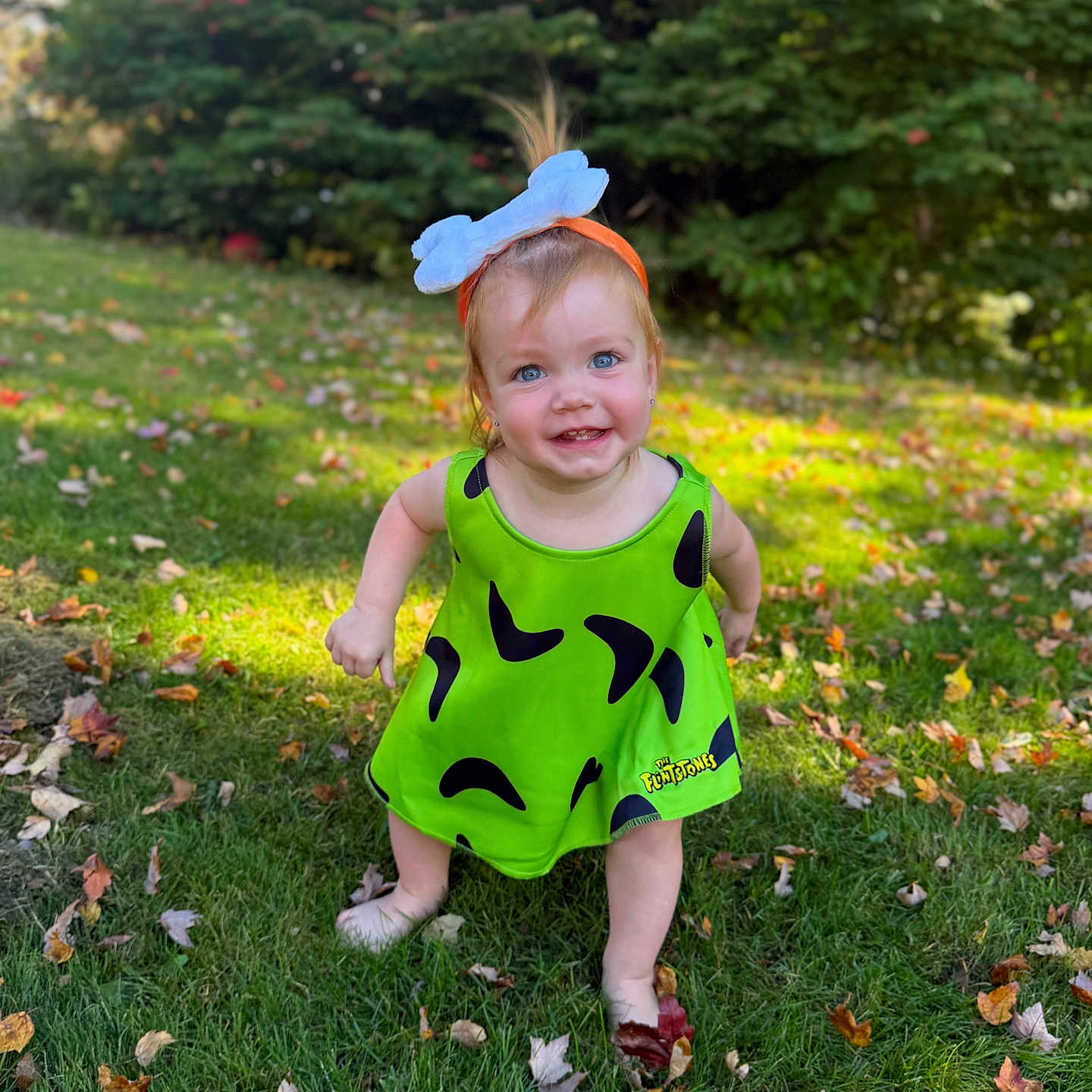 Dani is registered to the contest to win money with this photo: baby, child, toddler, smiling, happy, outdoors, autumn, leaves, grass, garden, costume, green_dress, blue_bow, headband, portrait, standing, sunlight, trees, fall, halloween