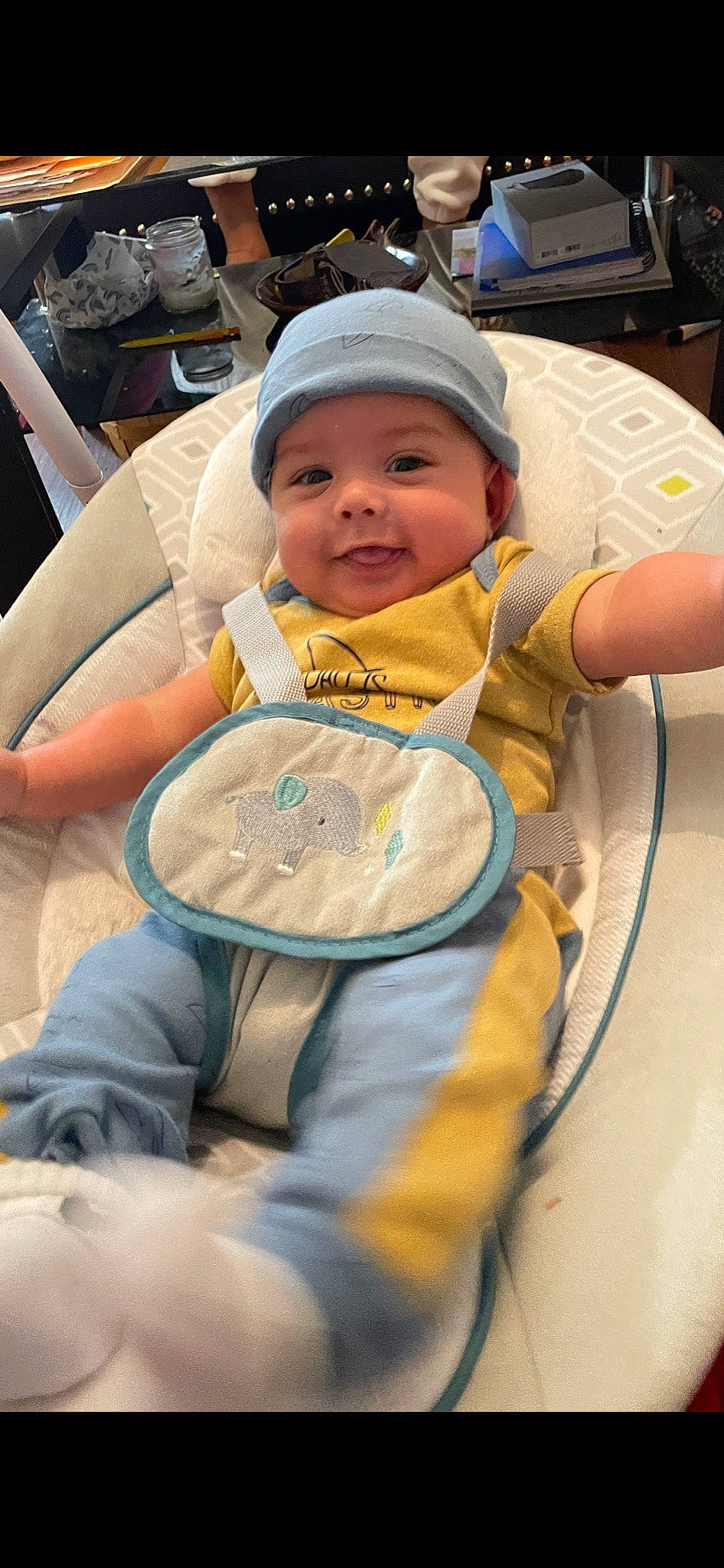 Armani joined the competition — help win amazing prizes! baby, baby_carriage, baby_products, baby_safety, baby_toddler_clothing, baseball_cap, cap, chair, cheek, child, event, fun, happy, hat, headwear, person, service, sitting, skin, smile