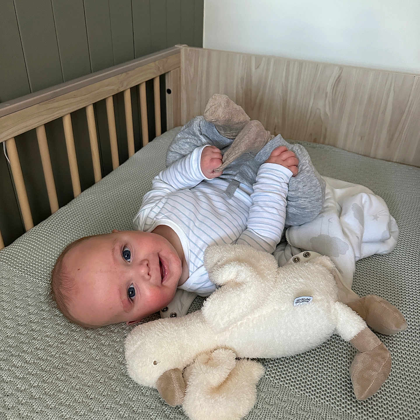 Elliot is registered to the contest to win money with this photo: baby, blanket, child, cozy, crib, cute, duck, hand, happy, head, indoor, infant, lying_down, nursery, person, plush_toy, portrait, sleepwear, smile, soft_toy
