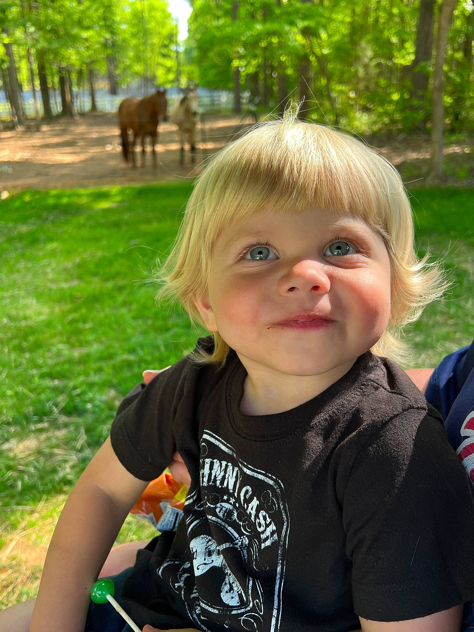 Grayson is registered to the contest to win money with this photo: botany, child, facial_expression, fun, grass, green, hairstyle, happy, joy, leisure, mammal, nature, people_in_nature, person, plant, recreation, sleeve, t_shirt, terrestrial_animal, toddler