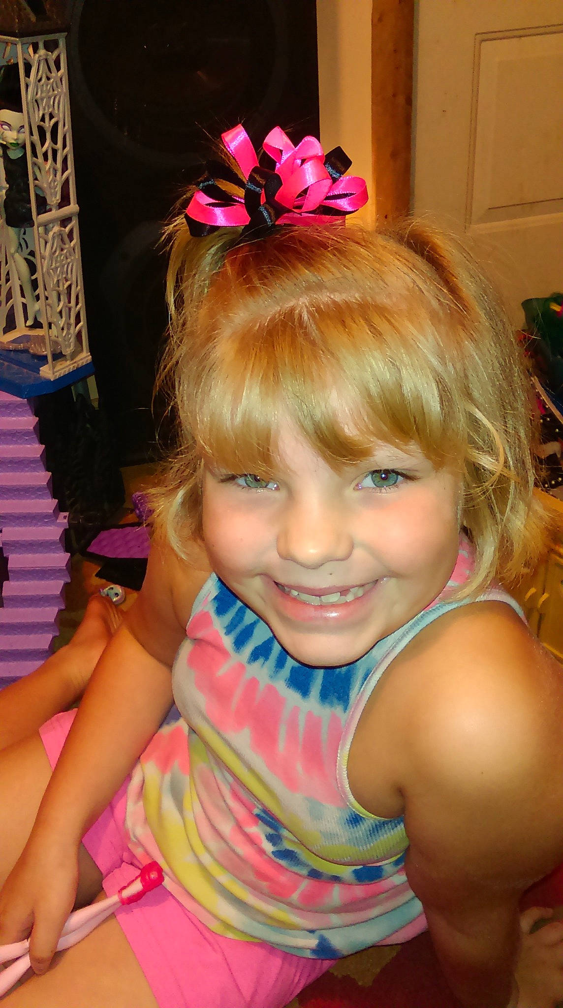 Kyla joined the competition — help win amazing prizes! bangs, beauty, blond, child, cool, event, eyelash, fun, hairstyle, happy, headband, headpiece, iris, jewellery, joy, long_hair, magenta, person, pink, smile