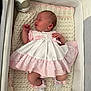 Blair Lilly is registered to the contest to win money with this photo: newborn, baby, sleeping, dress, pink, white, lace, blanket, bassinet, cozy, infant, cute, baby_monitor, soft, sleep, clothing, indoors, resting, adorable, child