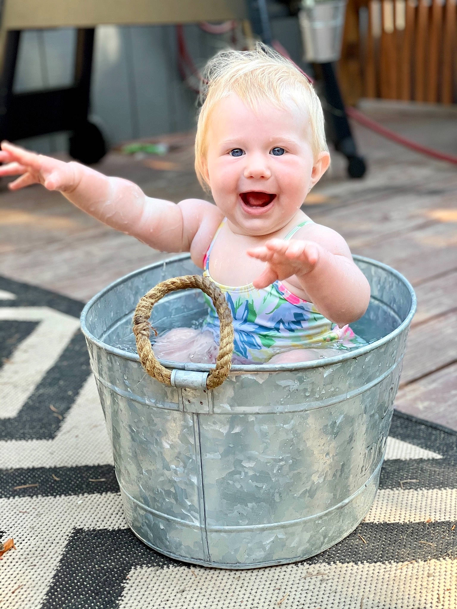 Tinsley joined the competition — help win amazing prizes! baby, baby_toddler_clothing, basket, child, event, flooring, fun, green, happy, joy, leisure, person, photograph, play, recreation, sitting, smile, snapshot, toddler, vacation