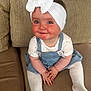 baby, bow, child, couch, cute, denim_dress, furniture, girl, hands, happy, headband, indoors, infant, person, portrait, rosy_cheeks, sitting, skin, smile, white_tights