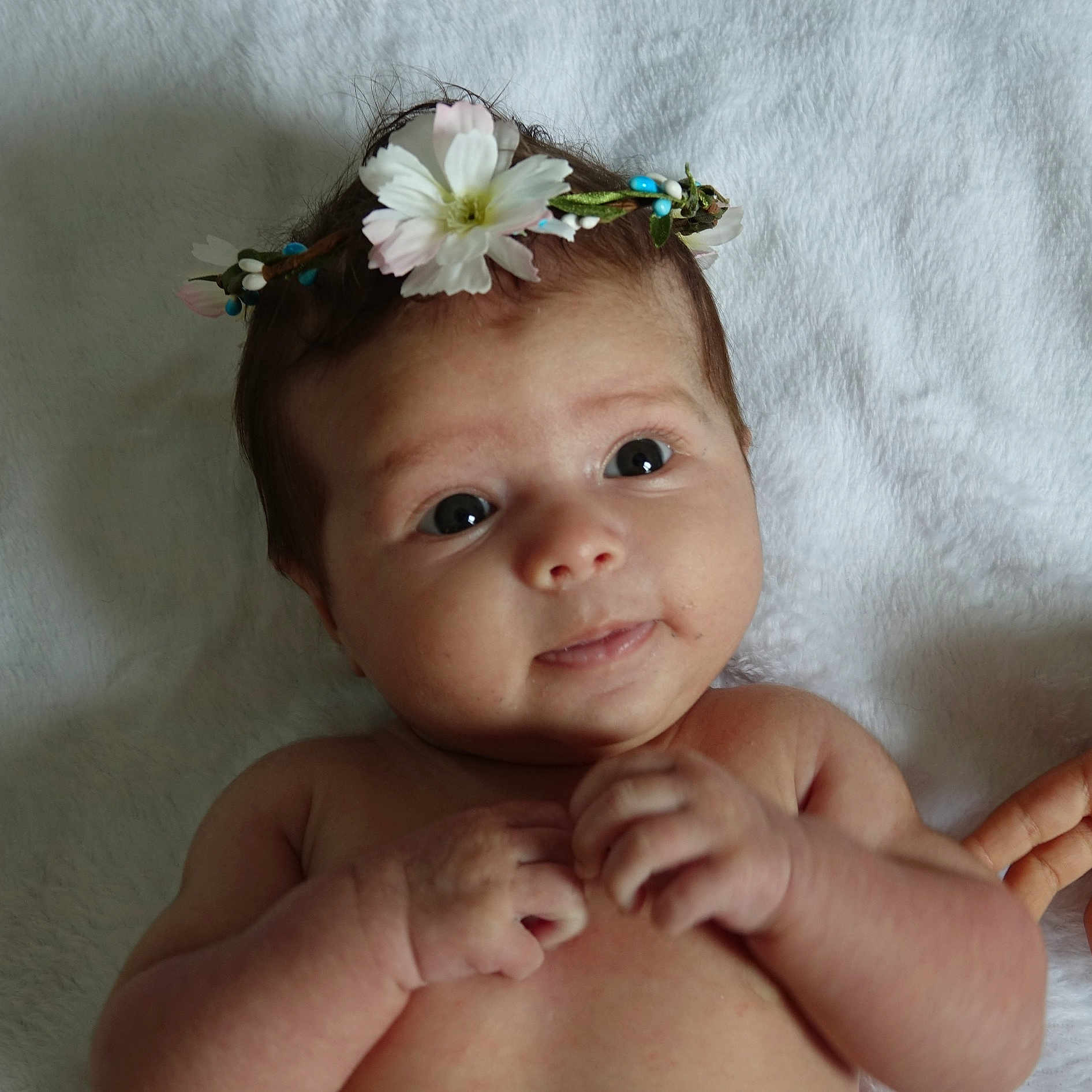 Valentina participe au concours pour gagner de l'argent avec cette photo : baby, baby_toddler_clothing, eye, eyebrow, finger, flower, gesture, hair, hand, happy, head, headband, headpiece, iris, jewellery, lip, petal, smile, thumb, toddler