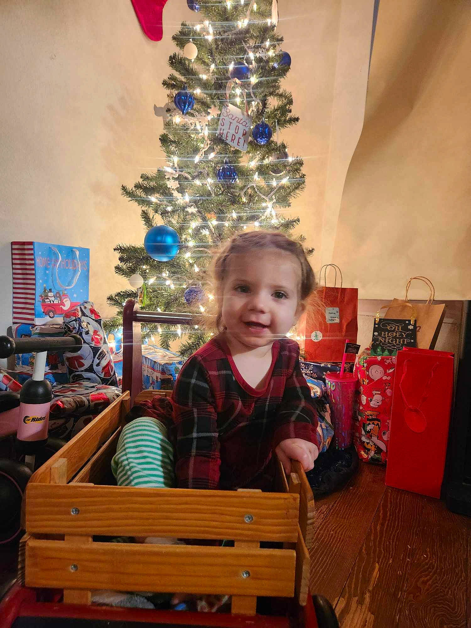 Kora is registered to the contest to win money with this photo: baby_toddler_clothing, child, christmas, christmas_decoration, christmas_eve, christmas_ornament, christmas_tree, event, fun, happy, holiday, holiday_ornament, joy, ornament, person, room, sitting, smile, standing, toddler