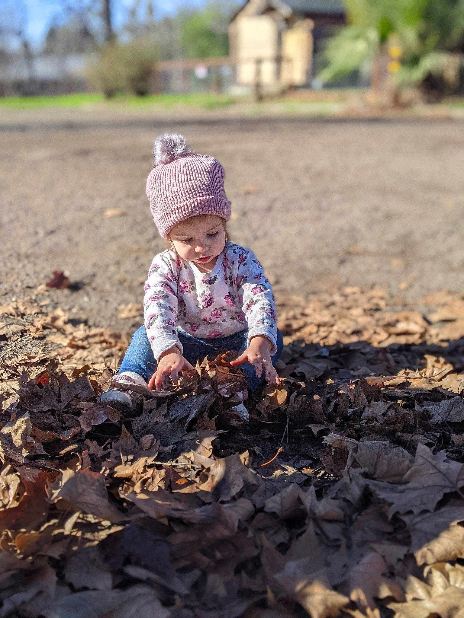 Kora is registered to the contest to win money with this photo: baby, child, fun, grass, happy, hat, headwear, landscape, leaf, people_in_nature, person, plant, play, sand, shadow, sitting, sky, soil, sunlight, toddler