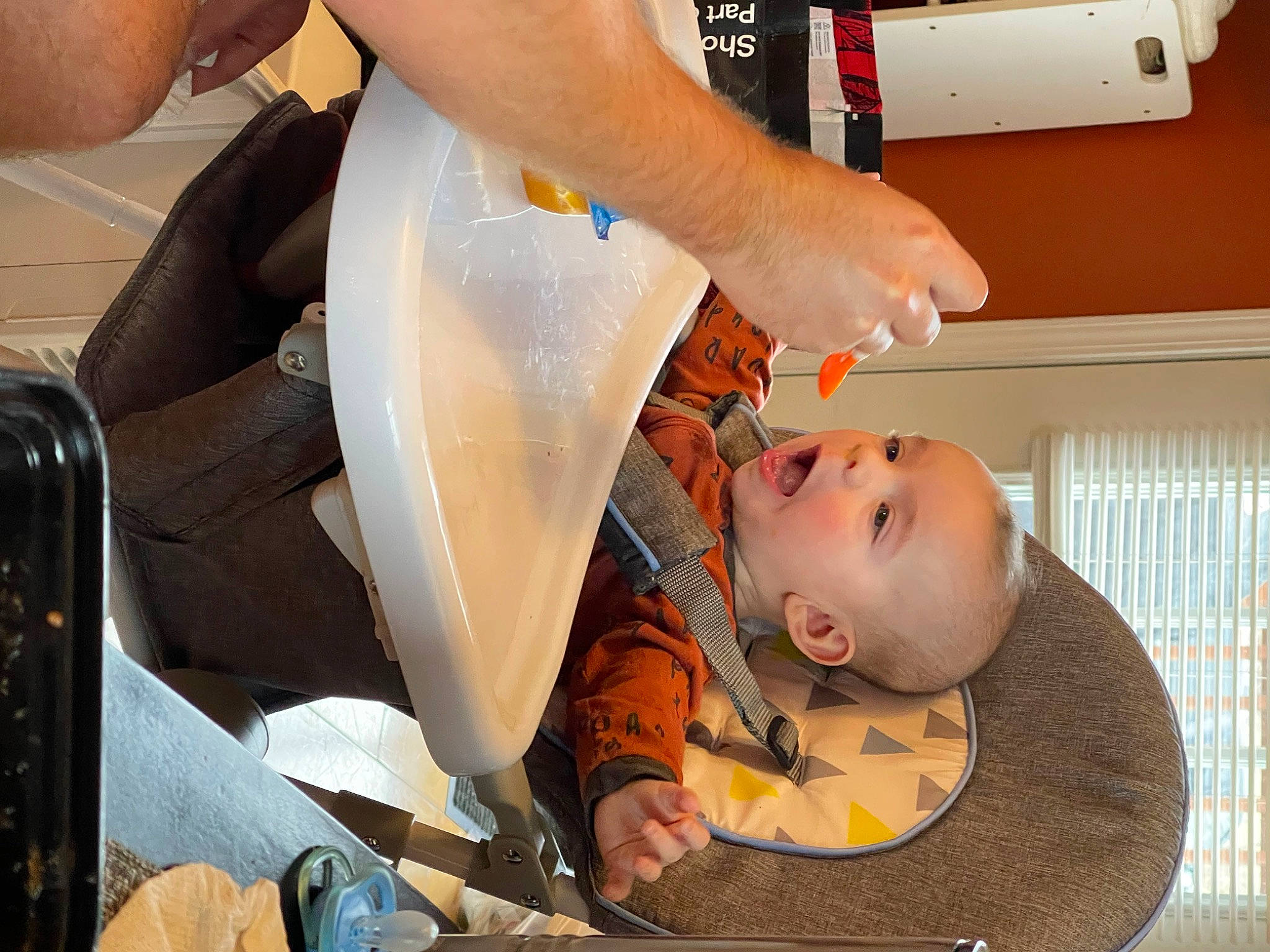 Logan is registered to the contest to win money with this photo: arm, baby, baby_carriage, baby_products, chair, child, comfort_food, cooking, food, fun, human_leg, medical_procedure, nail, orange, pattern, person, personal_protective_equipment, service, toddler, window_blind