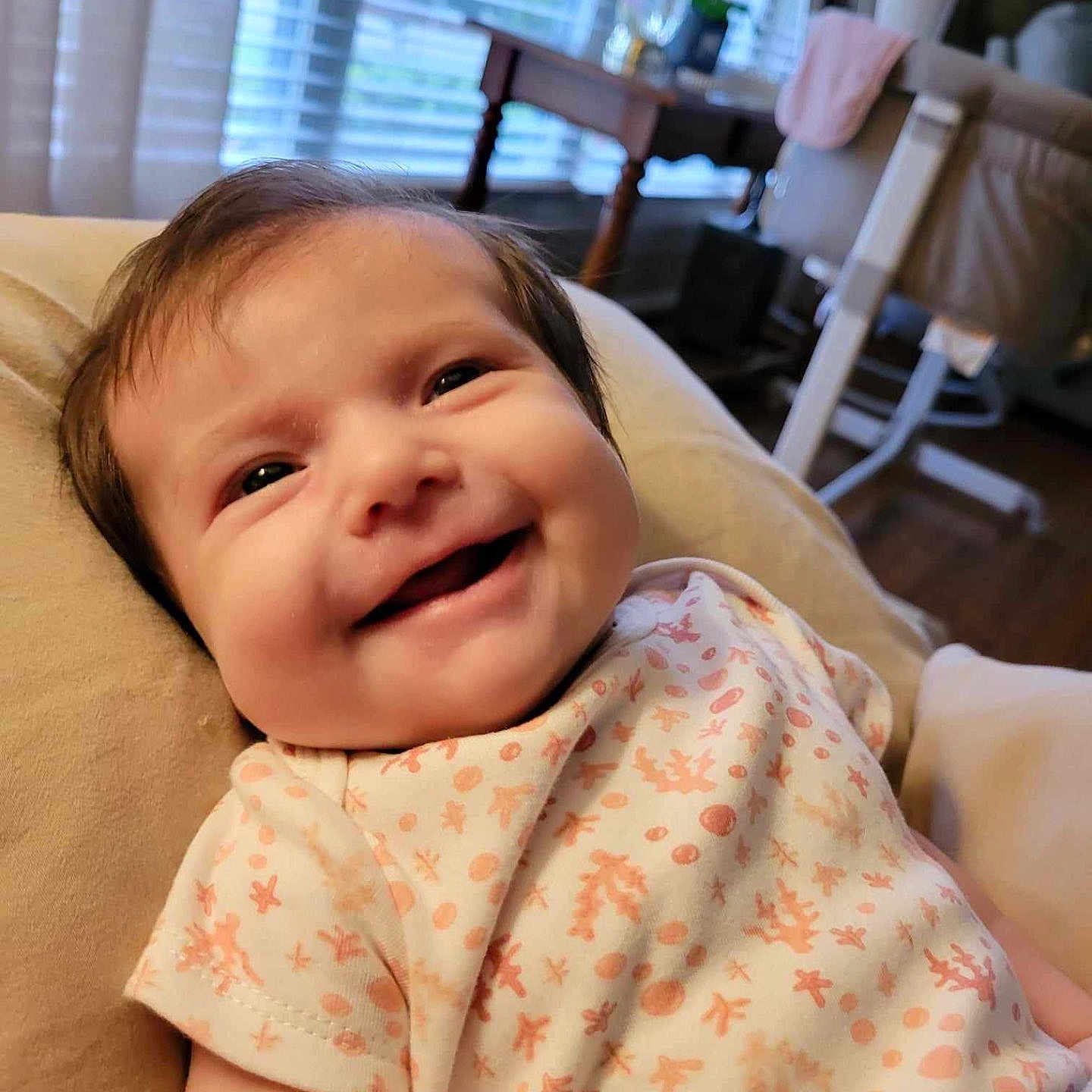 Emylia joined the competition — help win amazing prizes! architecture, baby, babylaughing, blanket, clothing, cushion, face, furniture, happy, head, homedecor, indoors, laughing, newborn, person, photography, portrait, quilt, smile, t_shirt