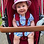 Eleanor joined the competition — help win amazing prizes! baby, blue_flower_dress, child, cute, daylight, face, hands, happy, headwear, infant, legs, outdoor, person, pink_hat, red_stroller, seatbelt, smiling, stroller, summer_clothing, walking_path