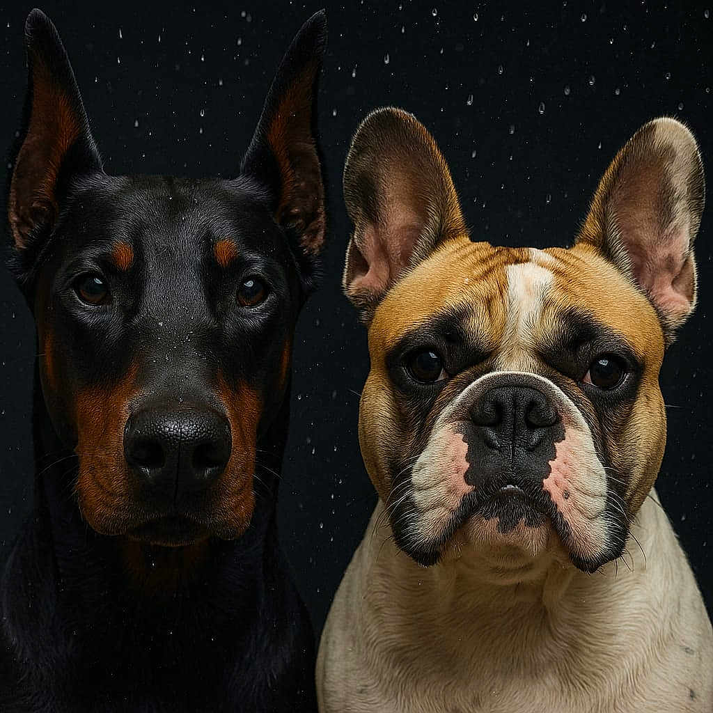 Smarties Et Shelby a rejoint le concours — aidez-le/la à gagner de superbes lots ! animal, black_background, canine, close_up, dark, doberman, dog, ears, expression, face, french_bulldog, fur, intense_gaze, looking_at_camera, pet, portrait, studio_lighting, two_dogs, water_droplets, wet
