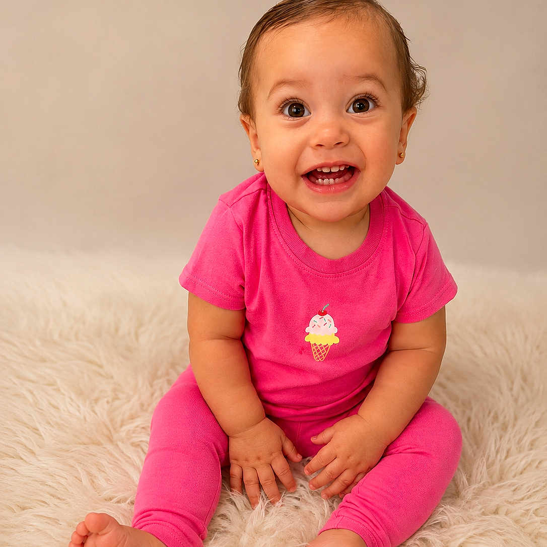 Alahia is registered to the contest to win money with this photo: baby, child, pink_clothing, sitting, smiling, happy, cute, indoor, portrait, fluffy_rug, barefoot, infant, looking_at_camera, short_hair, earrings, bright_colors, young_child, studio_lighting, isolated_background, playful