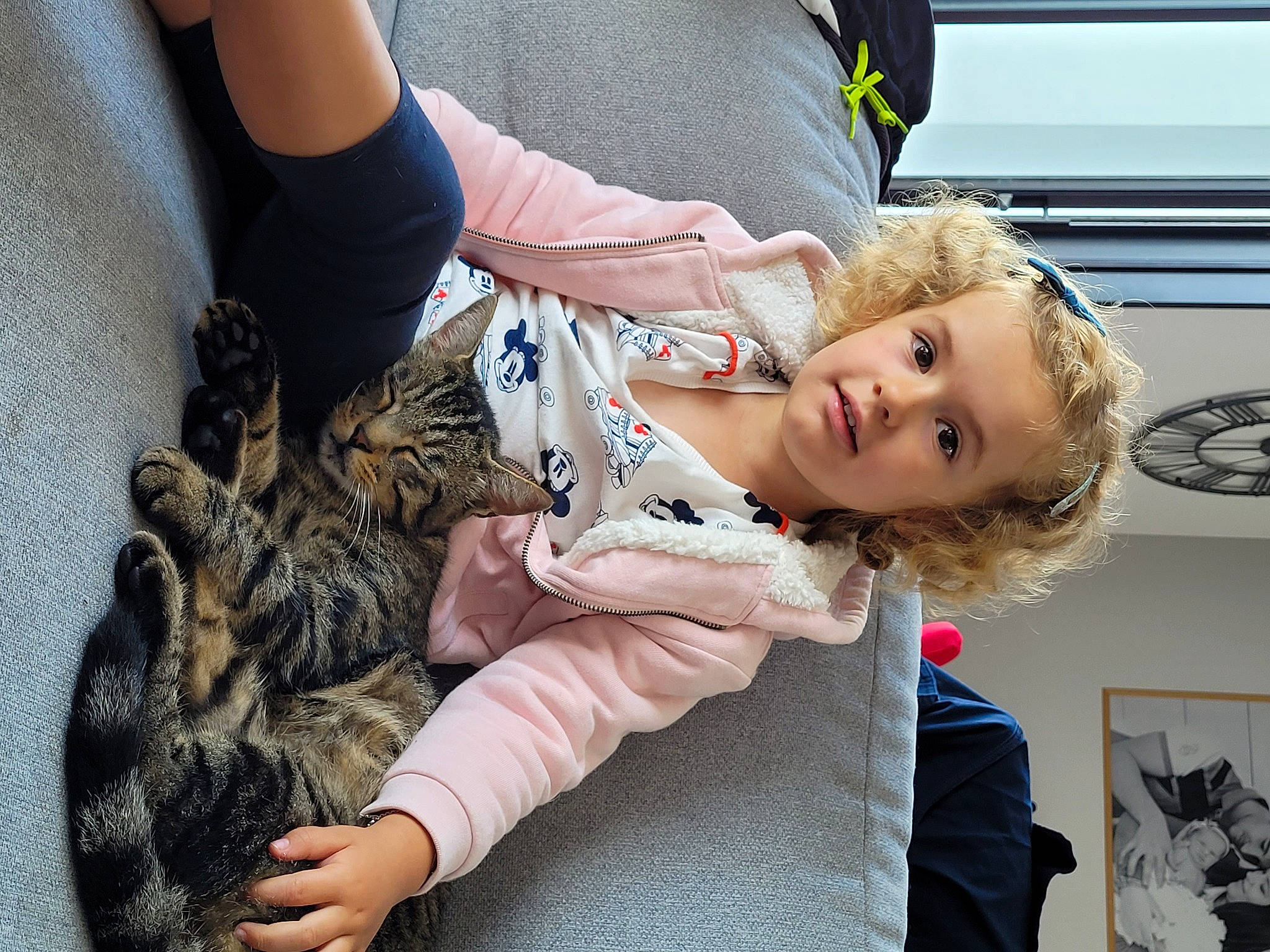Lucy participe au concours pour gagner de l'argent avec cette photo : brown_hair, child, comfort, companion_dog, felidae, fun, fur, grass, happy, human_leg, joint, knee, lap, long_hair, person, sitting, small_to_medium_sized_cats, thigh, toddler, tree