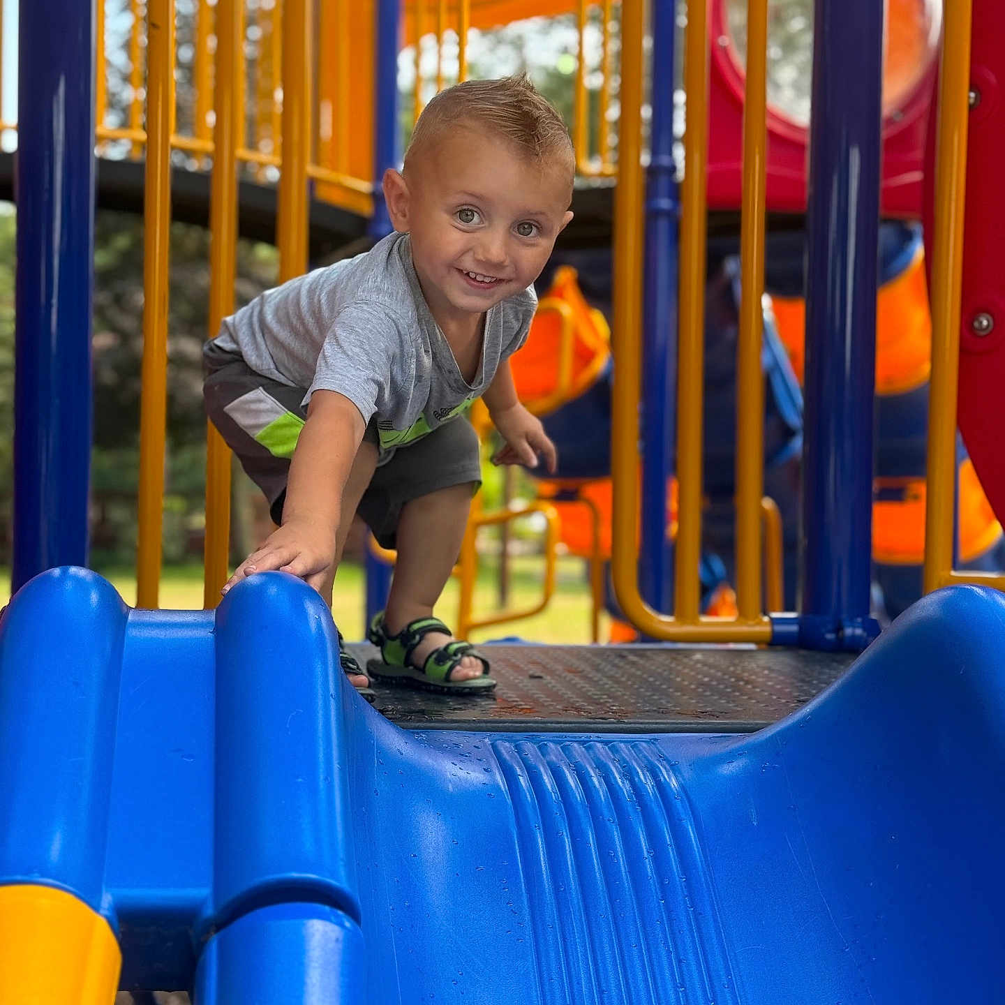 Randy is registered to the contest to win money with this photo: blue_slide, boy, child, clothing, daylight, fun, happy, metal_platform, orange_structure, outdoor, park, play, playground, reaching, sandals, short_hair, slide, smiling, toy, yellow_bars