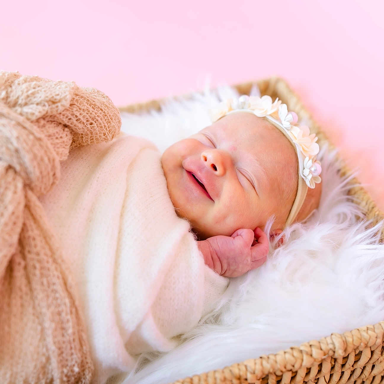 Sadie is registered to the contest to win money with this photo: baby, basket, bed, blanket, bonnet, clothing, cradle, crib, face, furniture, happy, hat, head, infantbed, newborn, person, photography, portrait, sleeping, smile