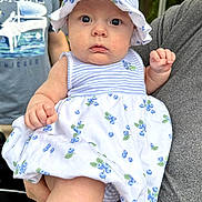 Evangeline is registered to the contest to win money with this photo: baby, child, infant, hat, blueberries, dress, striped_clothing, person, adult_hand, outdoor, nature, greenery, portrait, cute, serious_expression, holding, clothing, summer, headwear, skin