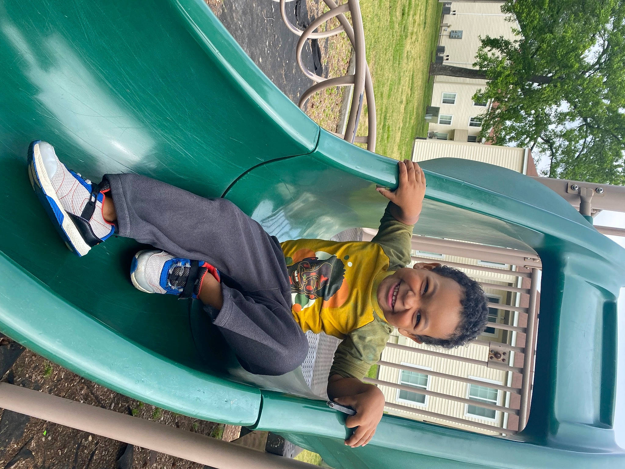 Nolan is registered to the contest to win money with this photo: automotive_exterior, bumper, chute, city, comfort, family_car, fun, grass, green, joy, leisure, outdoor_play_equipment, person, plant, playground, playground_slide, recreation, shade, smile, t_shirt