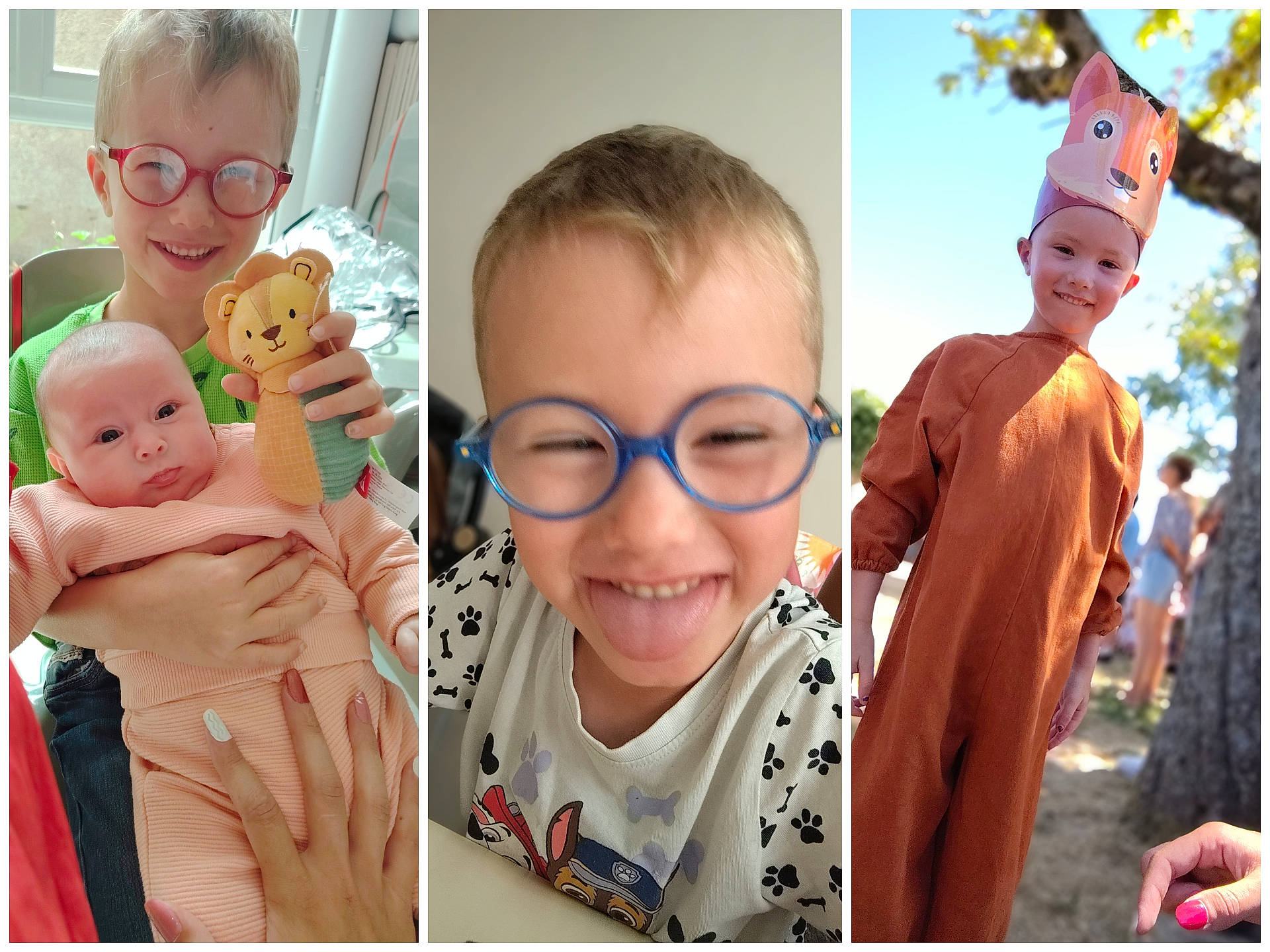 Menzo participe au concours pour gagner de l'argent avec cette photo : baby, blue_glasses, child, clothing, costume, crown, face, glasses, hand, happy, indoor, outdoor, person, playful, plush, portrait, red_glasses, smile, toy, tree