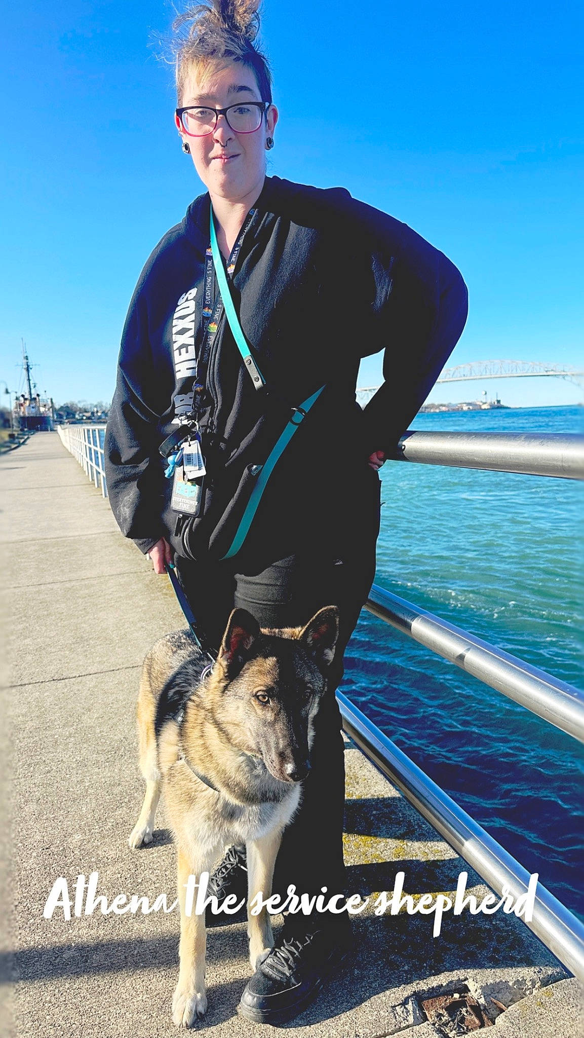 Athena Rose is registered to the contest to win money with this photo: blue, canidae, carnivore, clothing, companion_dog, dog, dog_breed, east_european_shepherd, electric_blue, fur, german_shepherd_dog, glasses, herding_dog, lake, leash, recreation, sky, sporting_group, travel, water