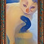 cat, painting, impressionism, art, frame, animal, portrait, blurred, soft_colors, signature, rustic_frame, whiskers, ears, fur, face, closeup, expression, decor, canvas, artwork