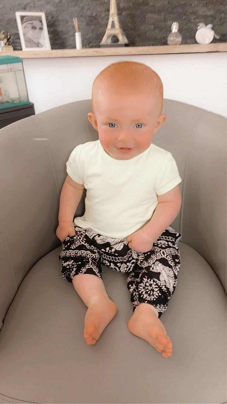 Aria participe au concours pour gagner de l'argent avec cette photo : arm, baby, baby_products, baby_toddler_clothing, barefoot, cheek, child, face, finger, head, joint, leg, person, product, sitting, skin, thigh, thumb, toddler