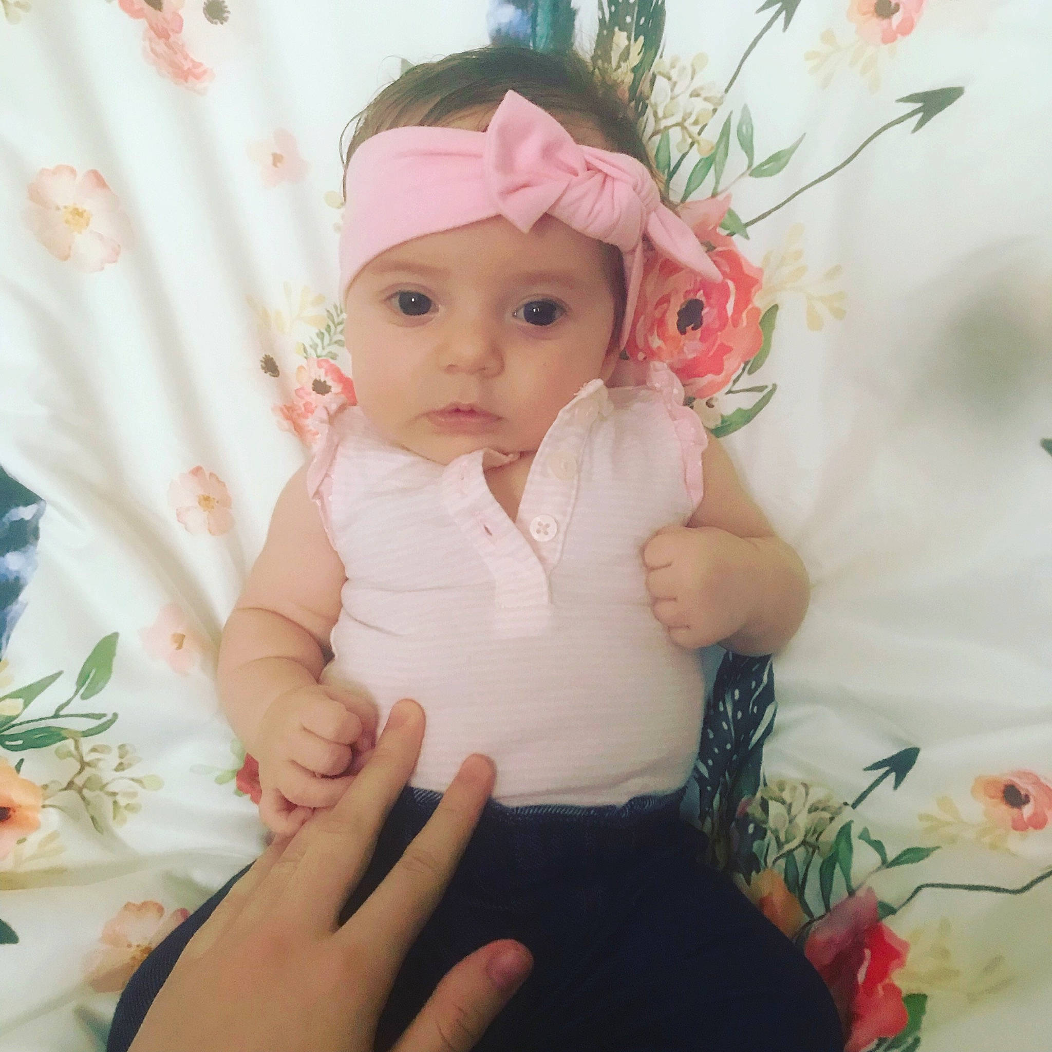 Isabella joined the competition — help win amazing prizes! baby, baby_toddler_clothing, cheek, child, fashion_accessory, finger, flower, hair_accessory, hand, happy, head, headband, headgear, person, pink, plant, product, skin, sleeve, smile