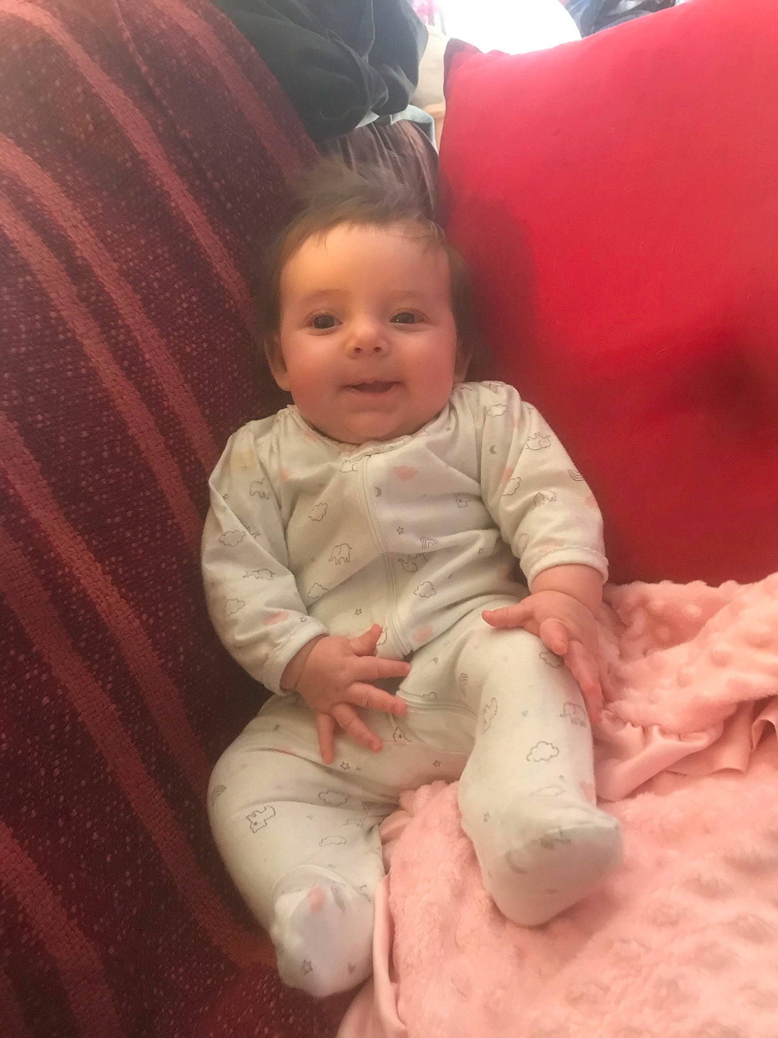 Isabella is registered to the contest to win money with this photo: baby, cheek, child, eye, face, head, mouth, person, play, sitting, skin, smile, toddler