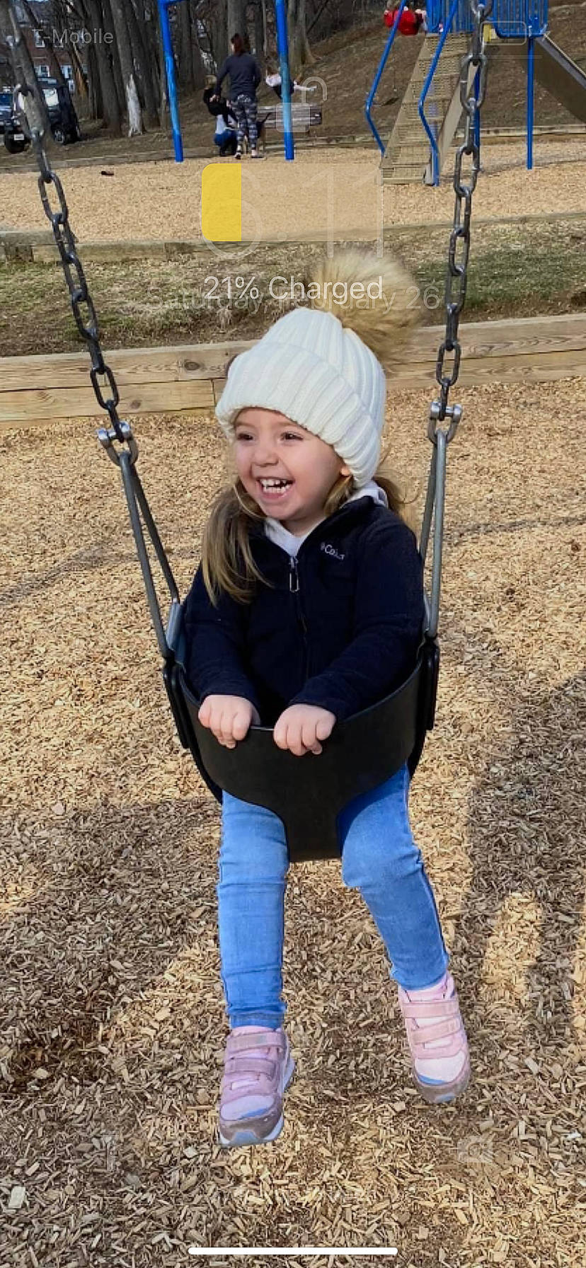 Isabella joined the competition — help win amazing prizes! baby, child, city, electric_blue, fun, grass, happy, headwear, knee, leisure, light, outdoor_play_equipment, person, photograph, playground, recreation, smile, swing, toddler, tree