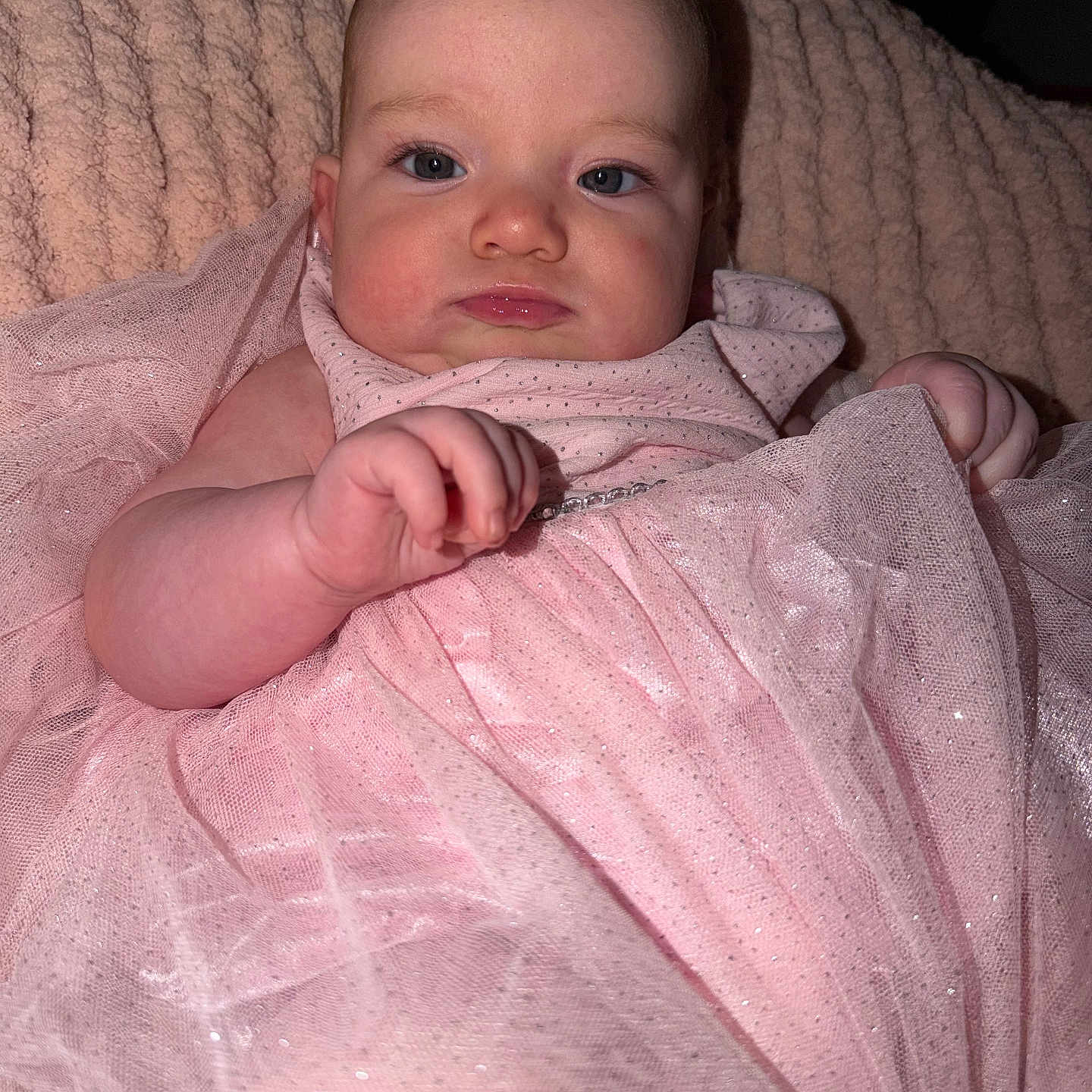 Alaiia joined the competition — help win amazing prizes! adorable, baby, blanket, blue_eyes, child, close_up, cute, fabric, flash_photography, gown, hand, indoors, infant, pink_dress, portrait, rosy_cheeks, sitting, soft_texture, sparkle, tulle