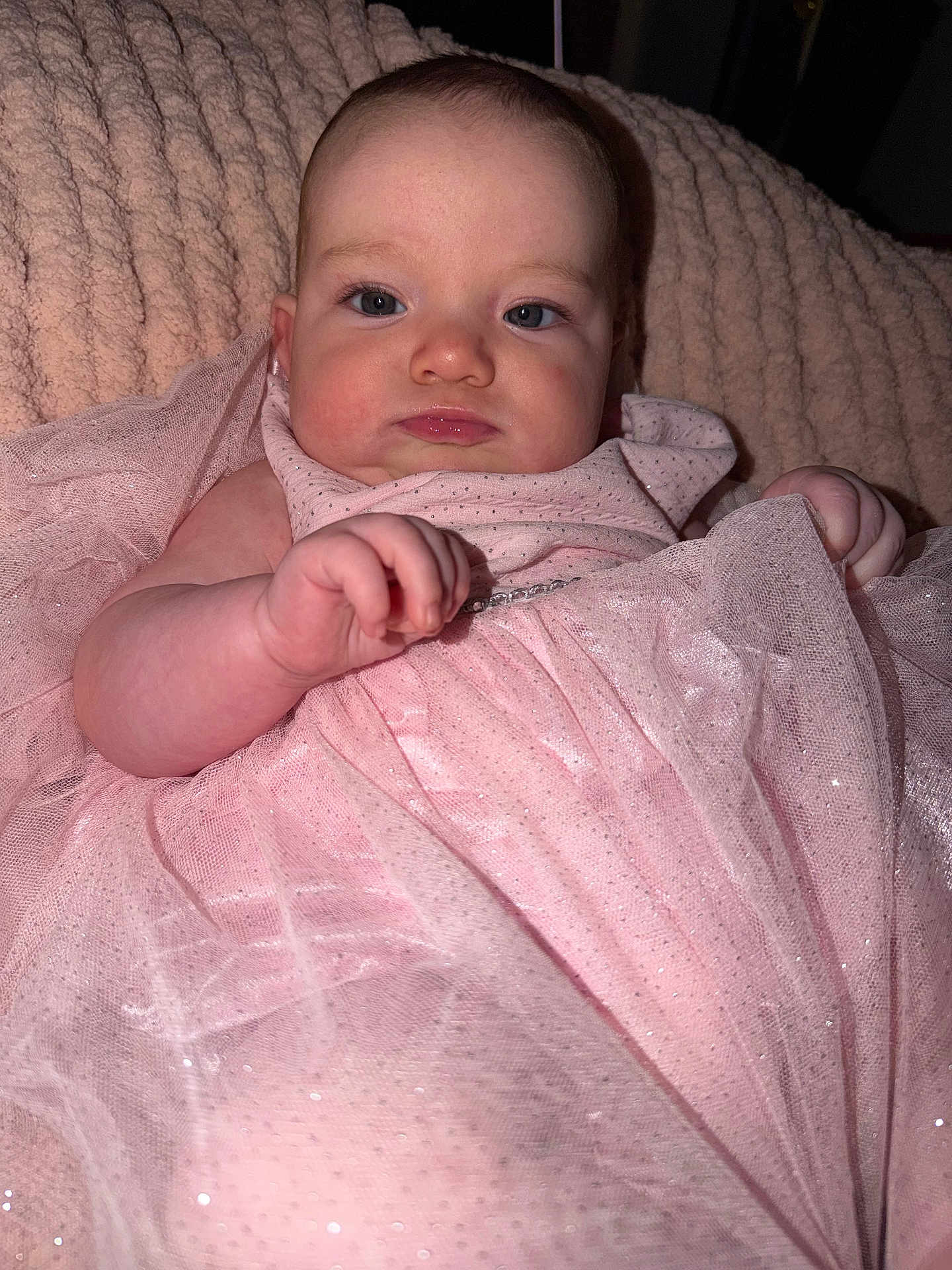 Alaiia joined the competition — help win amazing prizes! adorable, baby, blanket, blue_eyes, child, close_up, cute, fabric, flash_photography, gown, hand, indoors, infant, pink_dress, portrait, rosy_cheeks, sitting, soft_texture, sparkle, tulle