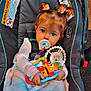 toddler, child, car_seat, pacifier, toy, blanket, hair_buns, blue_eyes, indoor, cute, infant, baby, clothing, sitting, holding, colorful_toy, warm, comfort, person, portrait