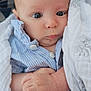 Archer is registered to the contest to win money with this photo: baby, infant, face, hand, blanket, clothing, blue_shirt, expression, curious, wrapped, closeup, portrait, skin, eyes, newborn, cute, soft, indoor, child, person