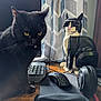 animal, black_cat, cat_figurine, closeup, computer_keyboard, computer_mouse, curtains, decor, desktop_accessories, electronics, feline, headphones, indoor, lego_cat, office_desk, pet, sitting, technology, wooden_desk, yellow_eyes