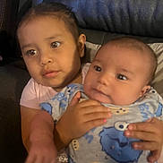 Marcus is registered to the contest to win money with this photo: child, baby, couch, holding, portrait, indoor, family, cute, toddler, clothing, person, love, comfort, face, expression, young, together, affection, home, casual