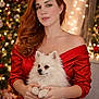 adult, bokeh_lights, christmas_tree, cozy, cute, festive, hands, holiday, indoor, jewelry, long_hair, ornaments, pet, pomeranian, portrait, red_dress, smile, sofa, white_dog, woman