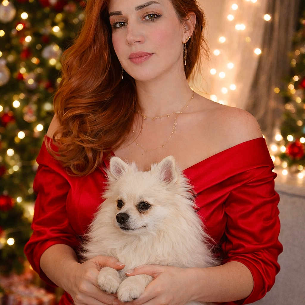 Smocky a rejoint le concours — aidez-le/la à gagner de superbes lots ! adult, bokeh_lights, christmas_tree, cozy, cute, festive, hands, holiday, indoor, jewelry, long_hair, ornaments, pet, pomeranian, portrait, red_dress, smile, sofa, white_dog, woman