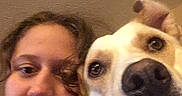 Benny Boo is registered to the contest to win money with this photo: person, dog, selfie, face, close_up, indoor, smile, pet, animal, companion, curious, brown_hair, light_brown_dog, friendly, portrait, casual, happy, cute, domestic, bond