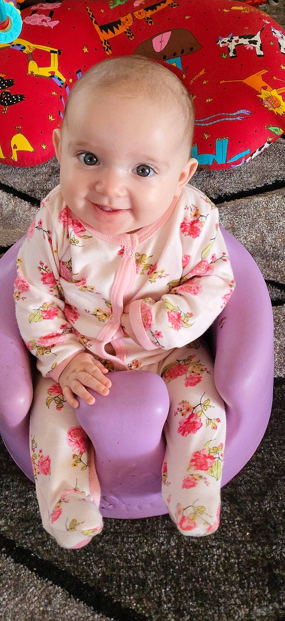 Ellie is registered to the contest to win money with this photo: baby, baby_toddler_clothing, cheek, child, eye, face, hairstyle, happy, head, joy, knee, lip, magenta, neck, person, pink, skin, sleeve, smile, textile