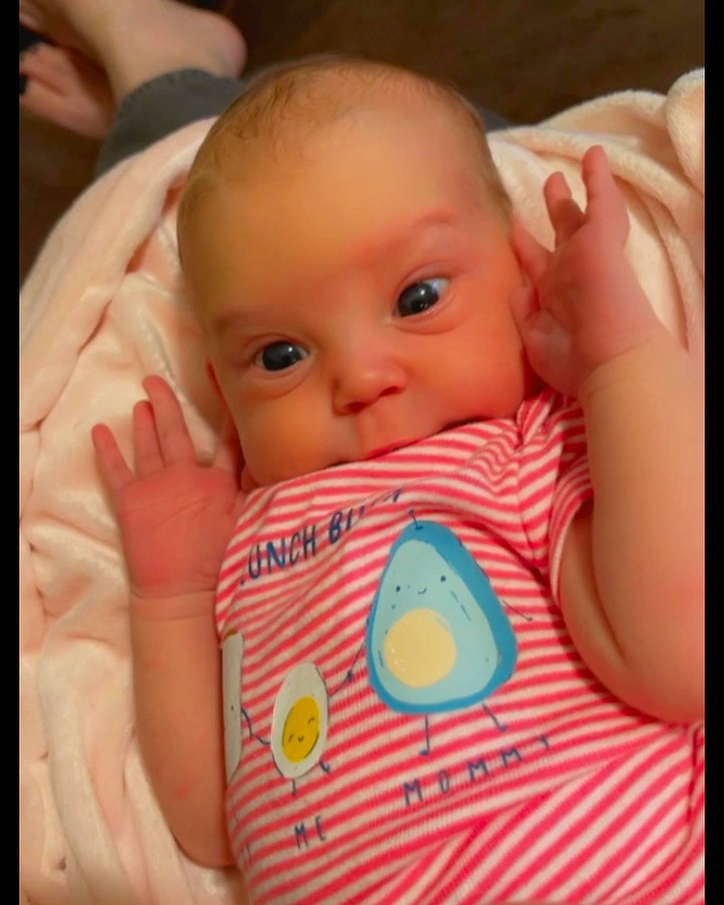 Dahlia joined the competition — help win amazing prizes! baby, baby_sleeping, baby_toddler_clothing, cheek, child, comfort, eyelash, iris, linens, lip, mouth, nose, organ, pattern, person, pink, skin, sleeve, t_shirt, textile