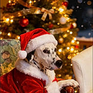 Snap a rejoint le concours — aidez-le/la à gagner de superbes lots ! animal, celebration, chair, christmas_tree, cozy, dalmatian, decorations, dog, festive, holiday, indoor, lights, ornaments, pet, red_suit, relaxing, santa_claus_costume, seasonal, warm_lighting, white_fur_trim