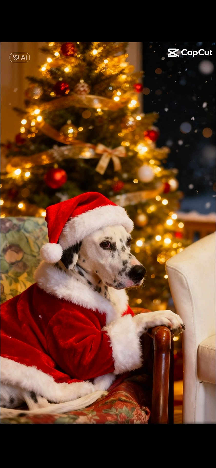 Snap a rejoint le concours — aidez-le/la à gagner de superbes lots ! animal, celebration, chair, christmas_tree, cozy, dalmatian, decorations, dog, festive, holiday, indoor, lights, ornaments, pet, red_suit, relaxing, santa_claus_costume, seasonal, warm_lighting, white_fur_trim