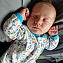 baby, child, closeup, cute, face, gray, head, indoors, infant, newborn, onesie, pajamas, patterned_clothing, peaceful, portrait, relaxed, resting, sleeping, small_hands, soft
