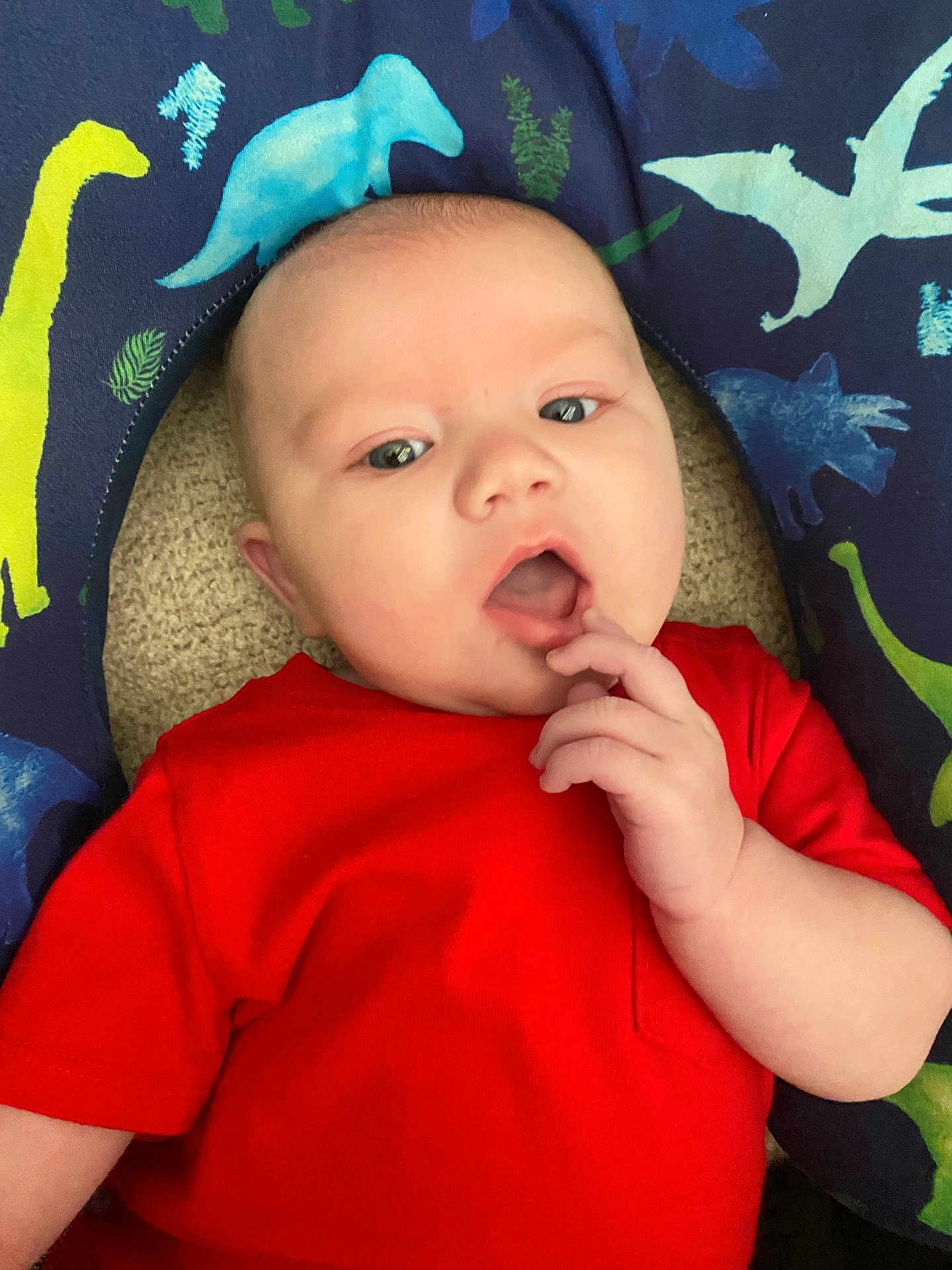 Lucas joined the competition — help win amazing prizes! baby, infant, child, red_shirt, dinosaur_pattern, cushion, hand, face, mouth, eyes, skin, lying_down, curious, indoor, young_child, person, apparel, casual_clothing, portrait, baby_gesture