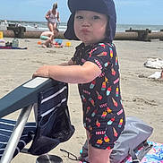 James is registered to the contest to win money with this photo: toddler, child, beach, sand, ocean, swimsuit, hat, sun_hat, standing, pout, chair, summer, vacation, water, people, playful, outdoor, sunny, colorful, fun