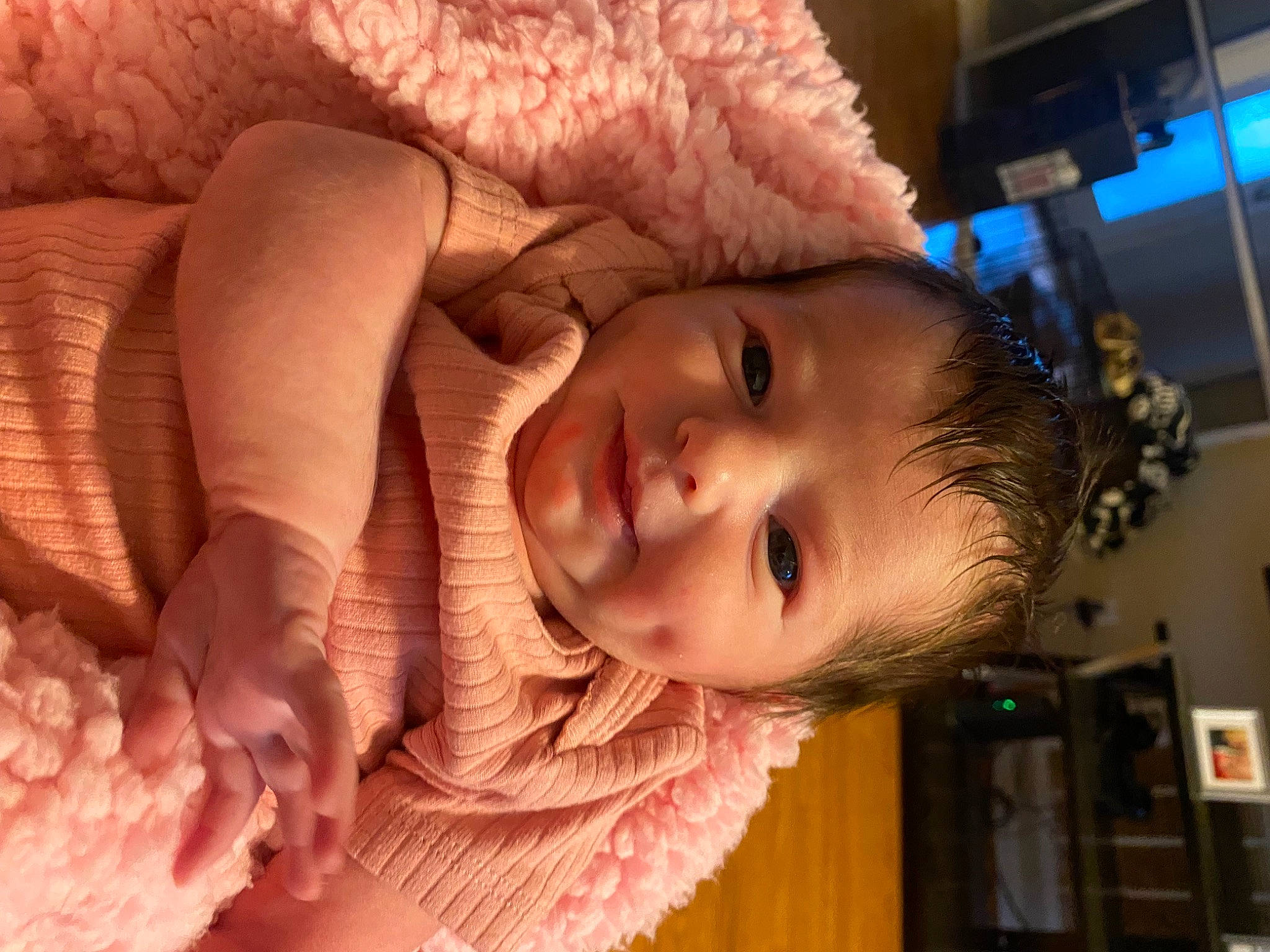 Adelyn is registered to the contest to win money with this photo: baby, baby_toddler_clothing, cheek, child, chin, ear, eyelash, fur, happy, iris, lip, mouth, nose, person, portrait_photography, room, skin, smile, toddler, wool