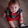 Ezekiel joined the competition — help win amazing prizes! baby, bow_tie, casual, child, curious, cute, fashion, floor, indoors, infant, looking_up, mohawk_hairstyle, person, plaid_shirt, portrait, red_shorts, sitting, sneakers, suspenders, wooden_floor