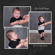 Ezekiel joined the competition — help win amazing prizes! baby, background, black_and_white_clothing, child, cute, floor, framed_photos, gray_background, hands, happy, holding_hands, love_message, photography, portrait, smiling, spiky_hair, standing, studio, text_overlay, toddler