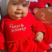 Angelica joined the competition — help win amazing prizes! baby, infant, smile, red_dress, headband, flower_headband, plush_toy, stuffed_animal, months_sign, two_months, portrait, cute, chubby_cheeks, blanket, bed, hand, sitting, closeup, soft_toy, indoor